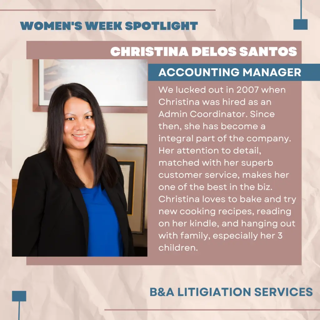 Christina Delos Santos, B&A Litigation services, court reporter, court reporting, legal, attorney, transcription, transcribe, video, production, teleconference, exhibit tech, Washington, Seattle, Tacoma, best workplace, Puget Sound, International Women's Day
