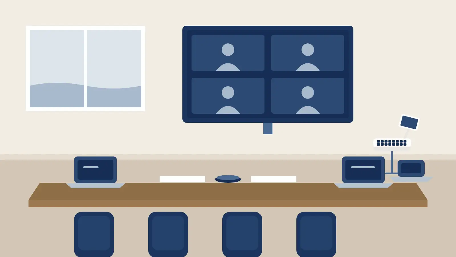 Illustration of a hearing room with a court reporter's stenotype at the table and remote participants on a wall screen