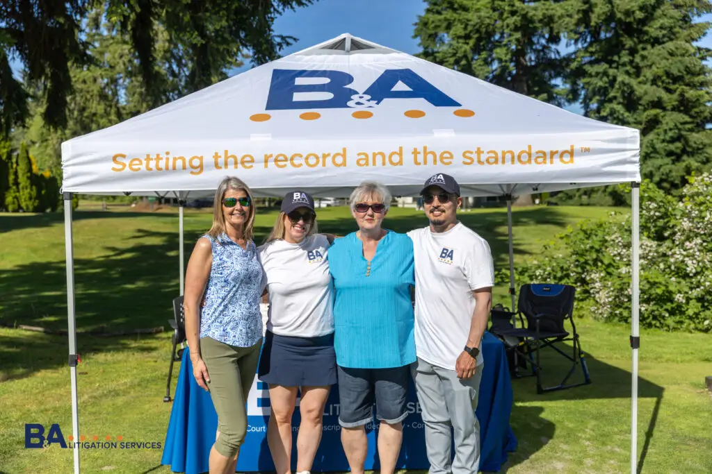 Valerie Torgeson, Sarah Fitzgibbon, Christy Sheppard, and Justin Choi of B&A Litigation Services at the 2026 TPCBA golf tournament