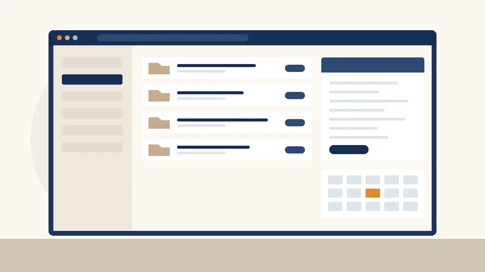Illustration of a client portal showing case folders, a transcript and a scheduling calendar