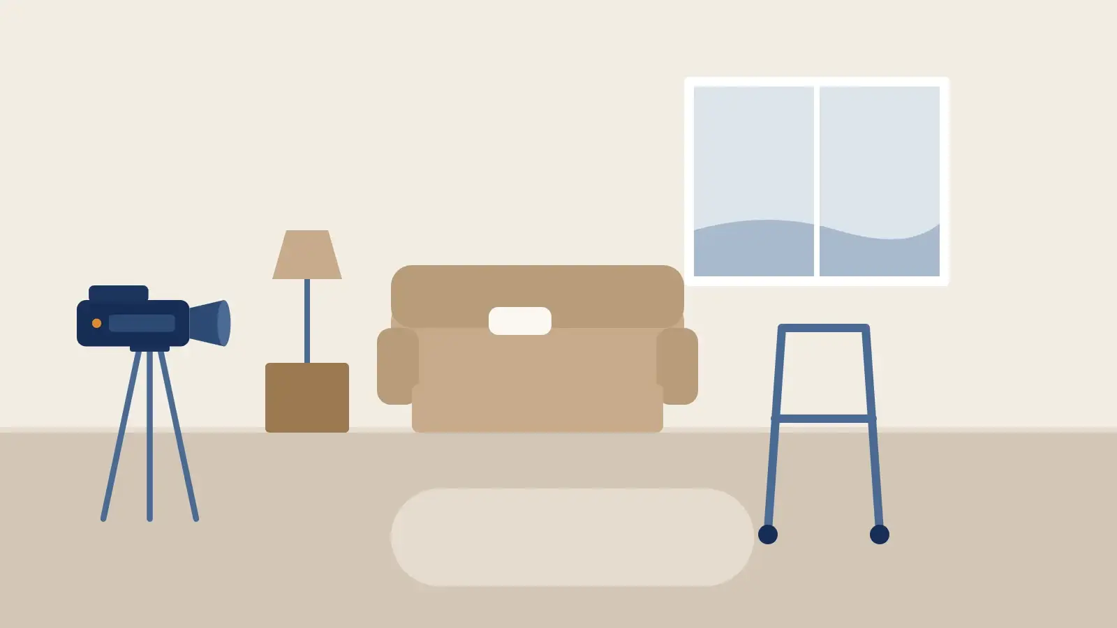 Illustration of a living room with a video camera on a tripod and a walker beside the sofa