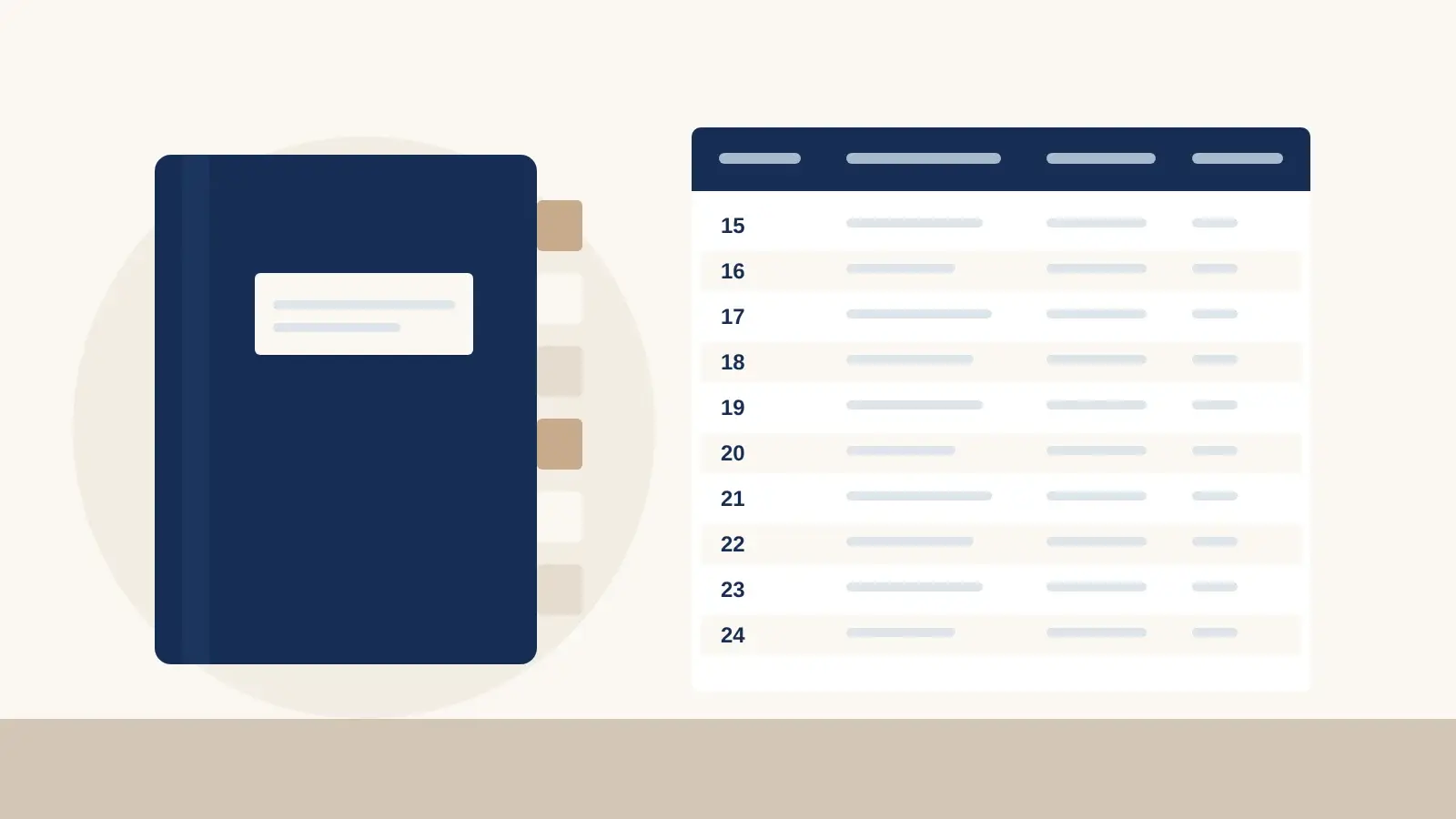 Illustration of an exhibit binder with tabs beside an exhibit index listing Exhibits 15 to 24