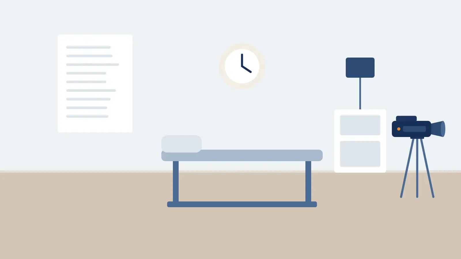 Illustration of an examination room with a video camera on a tripod in the corner
