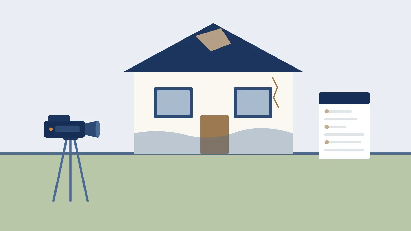 Illustration of a house with roof and water damage being recorded by a video camera, beside a claim checklist