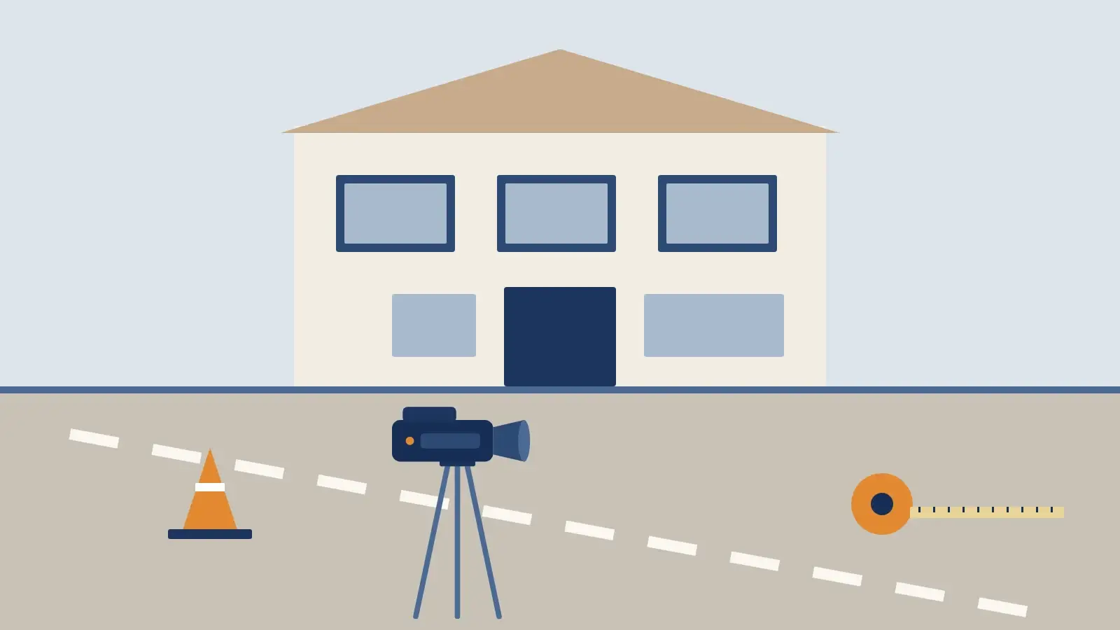 Illustration of a commercial building site with a video camera on a tripod, a traffic cone and a measuring tape