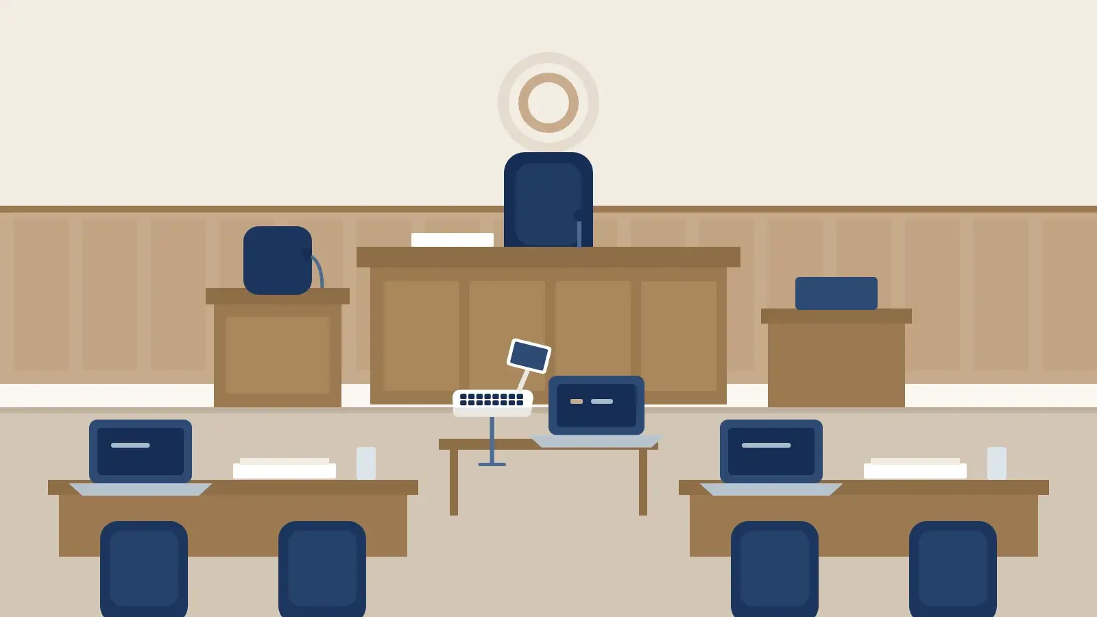 Illustration of an empty courtroom with the court reporter's stenotype station in front of the bench, between the witness stand and counsel tables