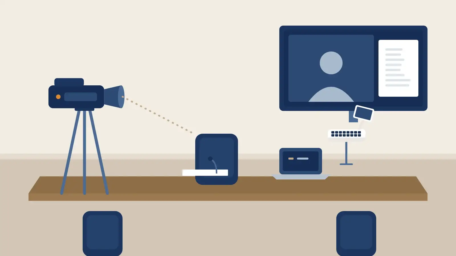 Illustration of a video deposition setup: a camera on a tripod, the court reporter's stenotype and laptop, and a screen showing the witness beside an exhibit