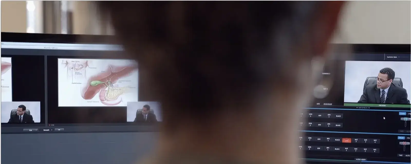 Video editing monitors showing recorded testimony